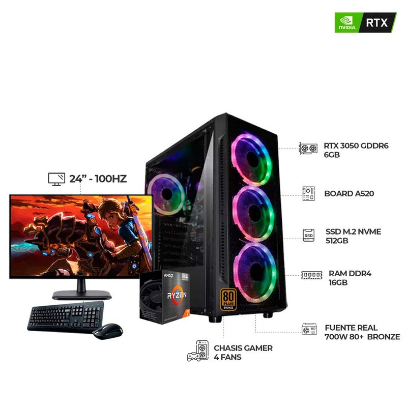 AMD - PC GAMER RYZEN 7 8700F 24" 100HZ RTX 3050 16GB-1TB SSD B650 WIFI 600W 4 FANS RGB