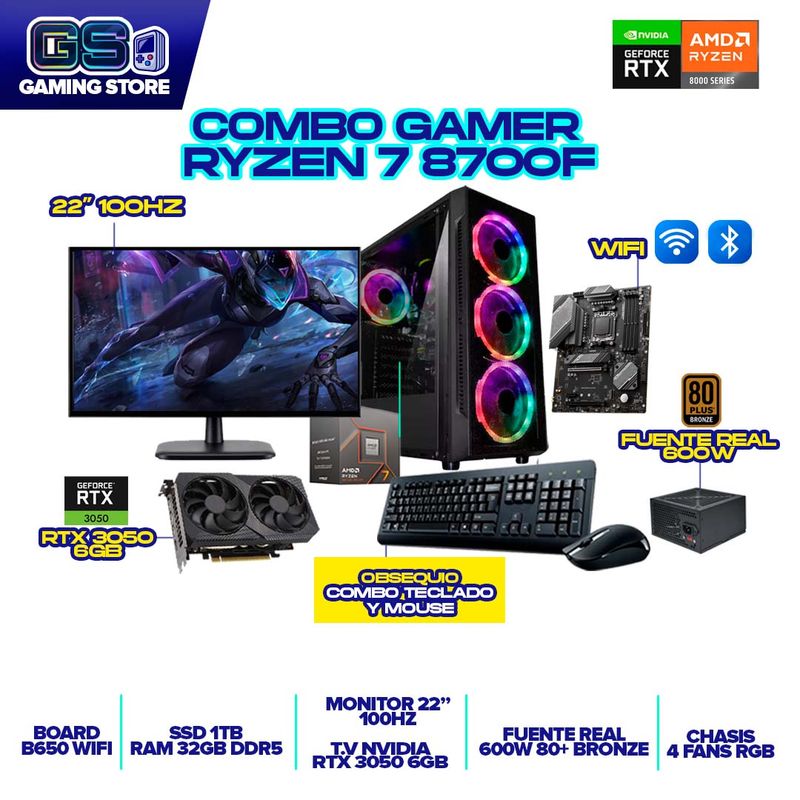 AMD - PC GAMER RYZEN 7 8700F 22" 100HZ RTX 3050 32GB-1TB SSD B650 WIFI 600W 4 FANS RGB