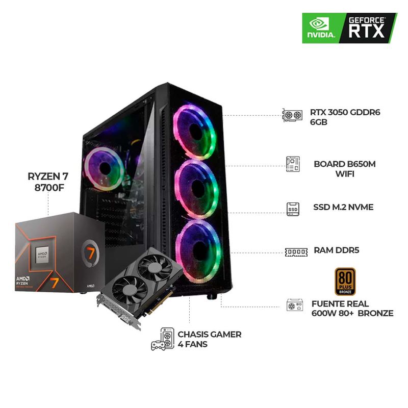 AMD - TORRE GAMER RYZEN 7 8700F RTX 3050 32GB - 1TB SSD B650 WIIFI CHASIS 4 FANS 600W