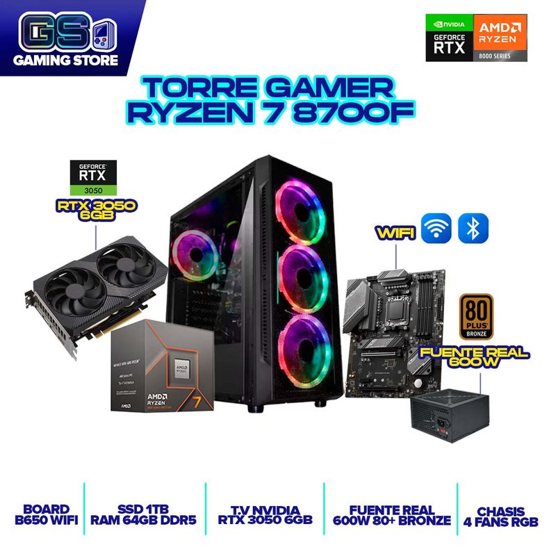 AMD - TORRE GAMER RYZEN 7 8700F RTX3050 64GB 1TB SSD WIFI B650 CHASIS 4 FANS RGB 600W
