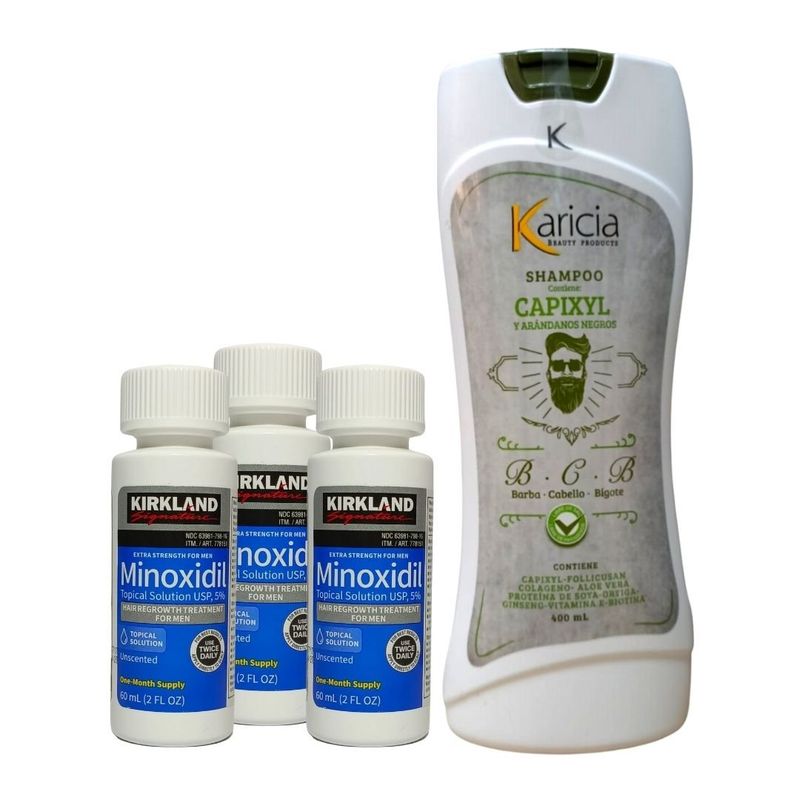 SIGNATURE - Kit Minoxidil Kirkland 5 % x3 + Shampoo Karicia  Crecimiento hombre