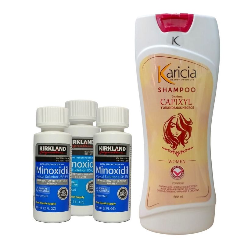 SIGNATURE - Kit Minoxidil Kirkland 5 % x3 + Shampoo sin sal  Crecimiento mujer