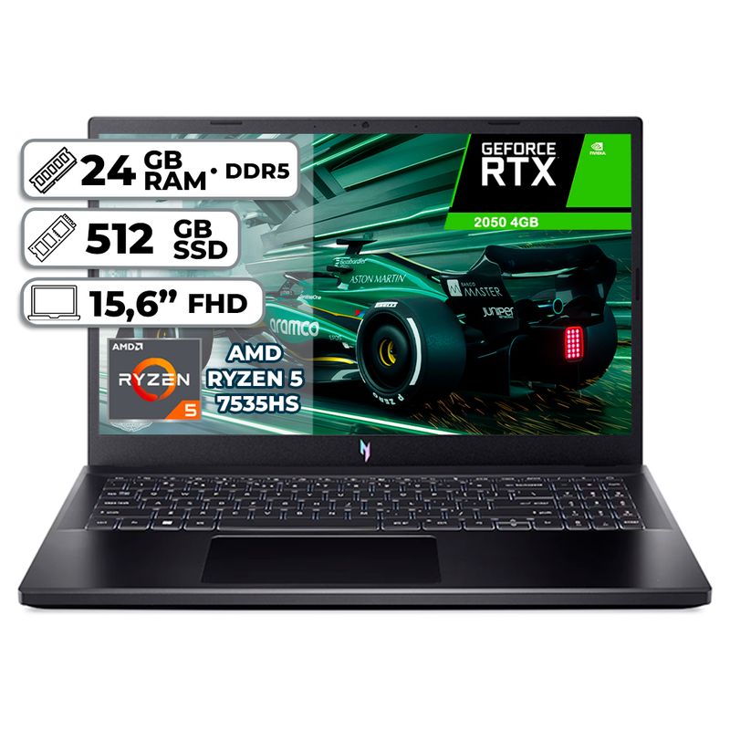 ACER - PORTÁTIL NITRO V15 RYZEN 5 7535HS 24GB RAM 512GB SSD FHD RTX 2050 4GB GDDR6 OBSIDIAN BLACK