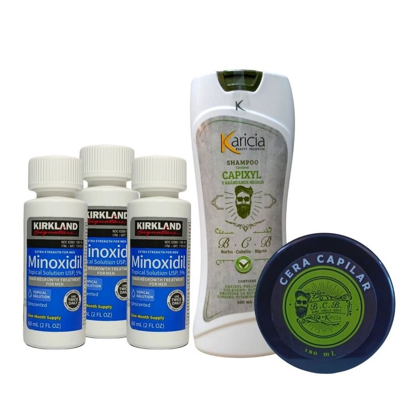 SIGNATURE - Kit Minoxidil Kirkland 5 % x3 + Cera + Shampoo  Crecimiento integral