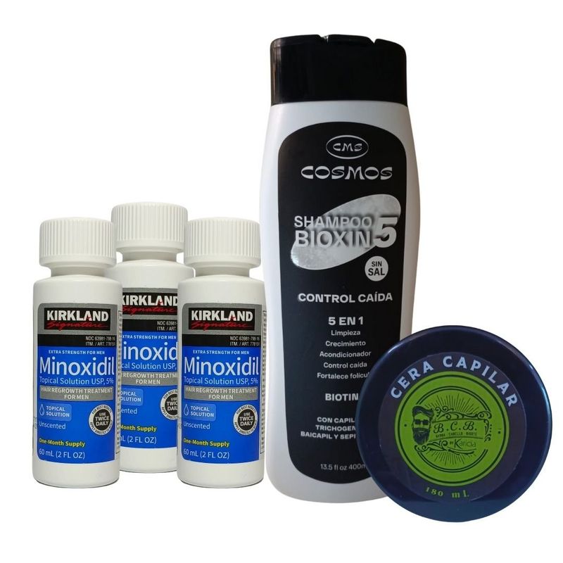 SIGNATURE - 3 Minoxidil Kirkland 5 % + Cera + Shampoo – Kit crecimiento completo