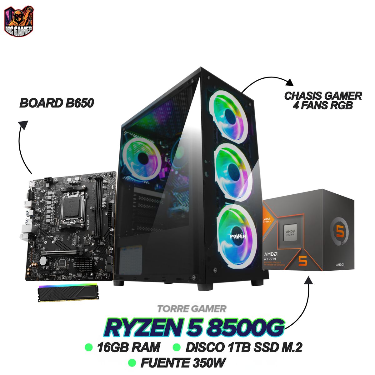 AMD - PC GAMER RYZEN 5 8500G - 16GB RAM DDR5 - 1TB SSD - BOARD B650 - 4 FANS RGB