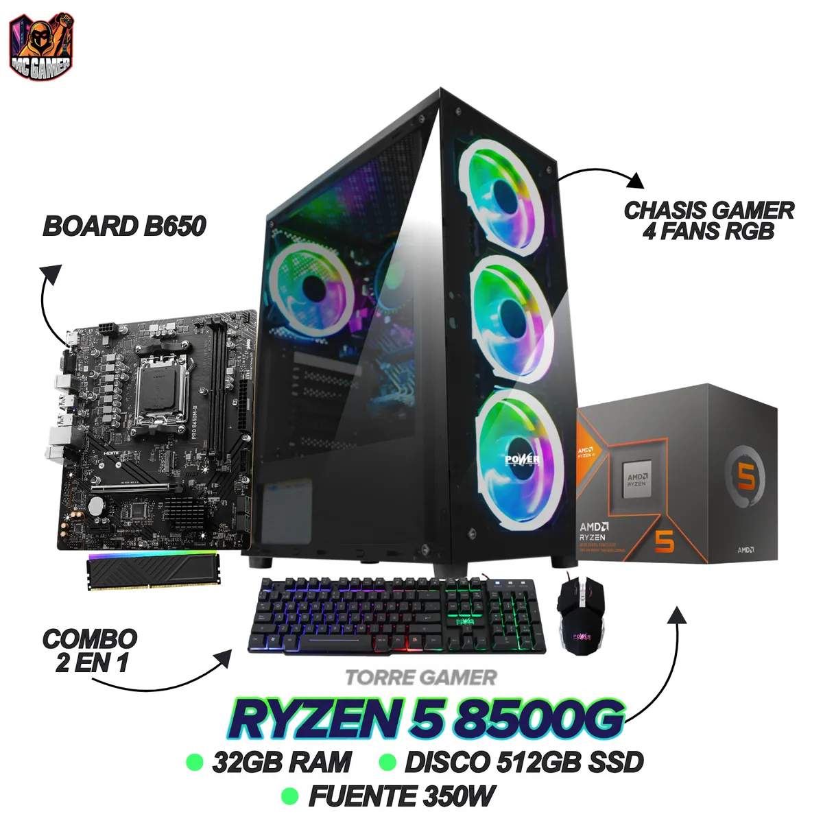 AMD - PC GAMER RYZEN 5 8500G - 32GB RAM DDR5 - 512GB SSD M.2 - BOARD B650 - 4 FANS RGB + COMBO 2 EN 1