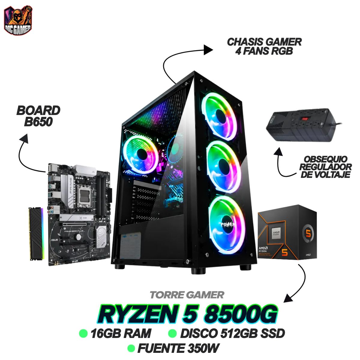 AMD - TORRE GAMING READY - RYZEN 5 8500G - 16GB RAM - 512GB SSD + WINDOWS 11 | OBSEQUIO REGULADOR