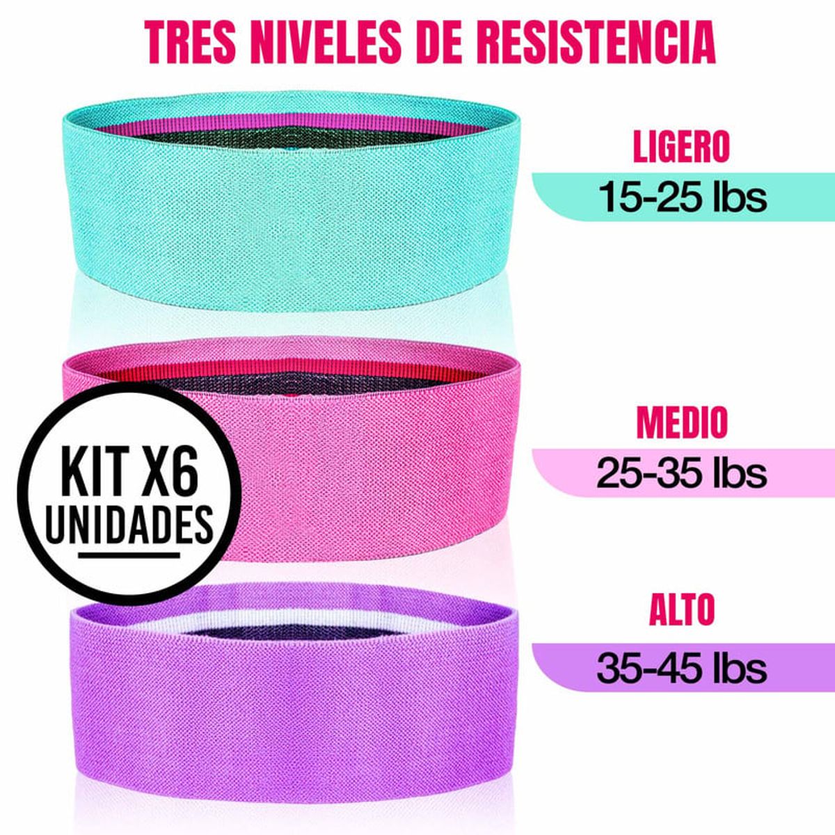STYLE STARS - Set x6 Bandas Elásticas Tela Antideslizante para Ejercicio