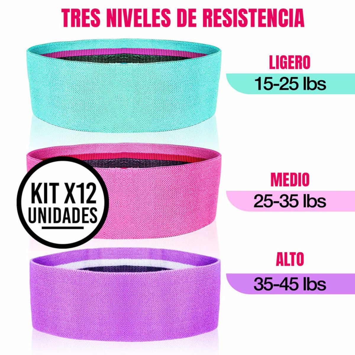 STYLE STARS - Set x12 Bandas Elásticas Tela Antideslizante para Ejercicio