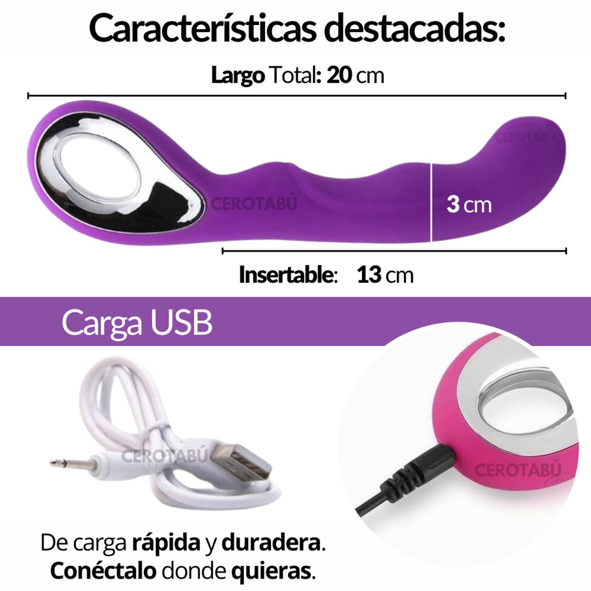 GENERICO - Vibrador Consolador Punto G Recargable Juguete Sexual Morado