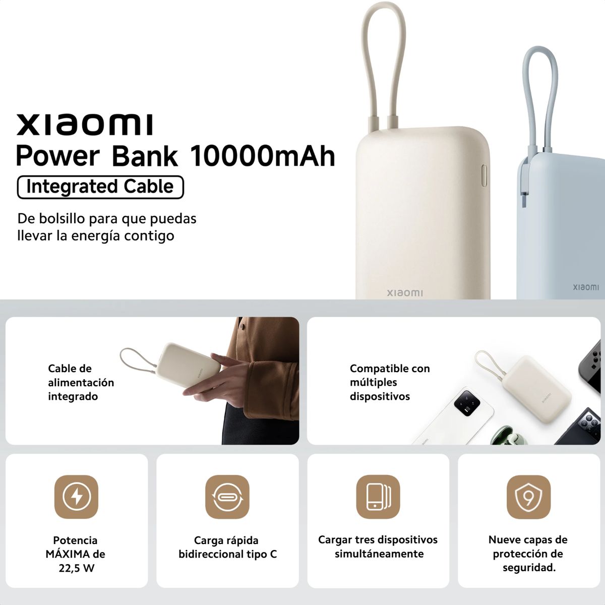 XIAOMI - Xiaomi Power Bank 10000mah Cable Integrado 22 5W USB-C Tan