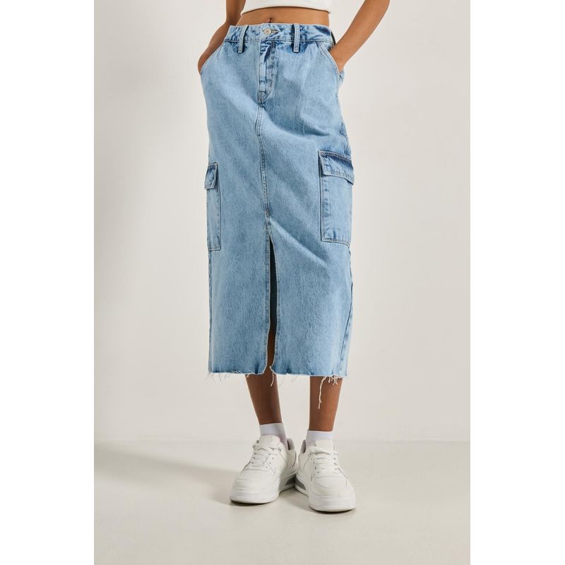 KOAJ - KOAJ Falda larga cargo azul clara de jean para mujer cuenta co MUJER