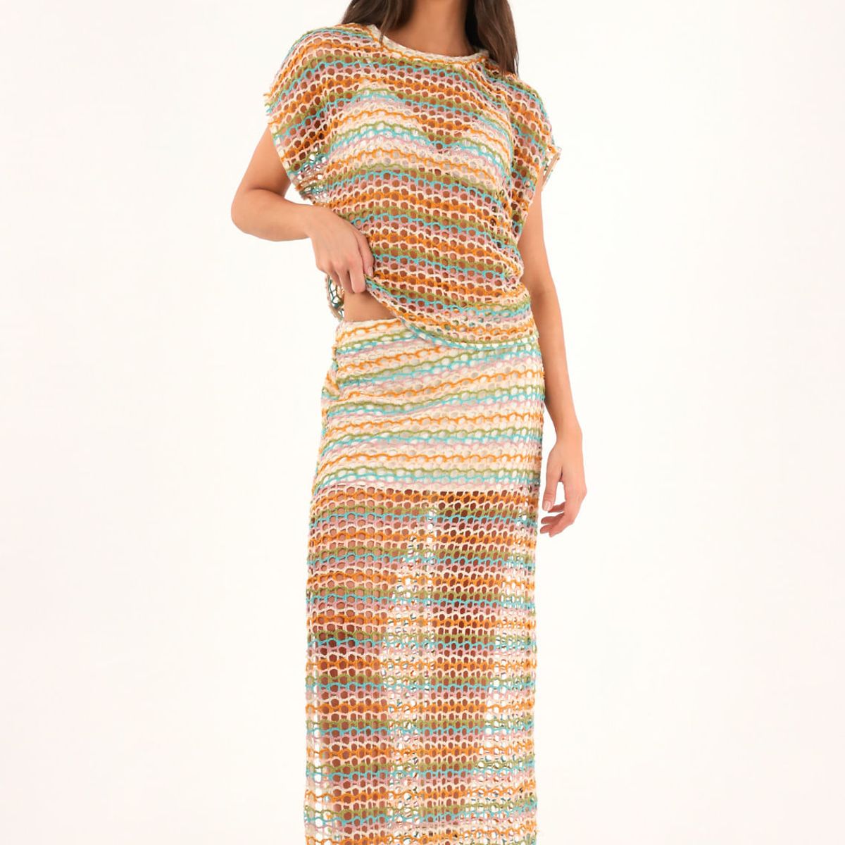 TOPMARK - Camiseta con diseño en malla multicolor para mujer