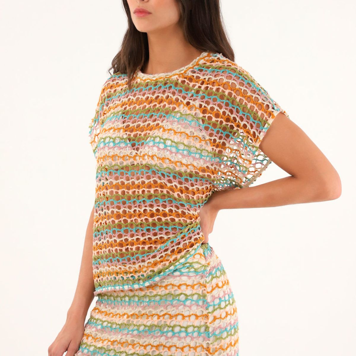 TOPMARK - Camiseta con diseño en malla multicolor para mujer