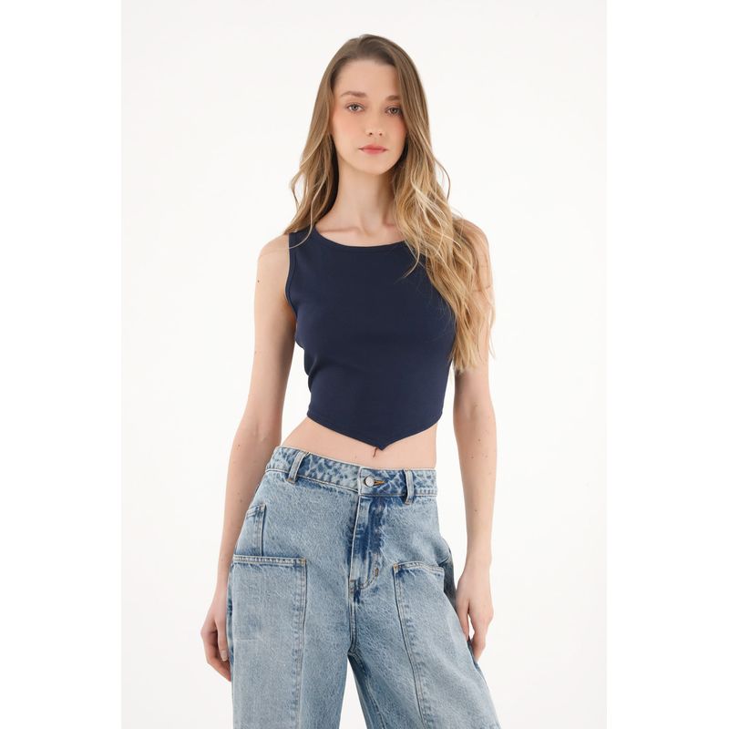 TOPMARK - Camiseta crop azul con ruedo asimétrico para mujer