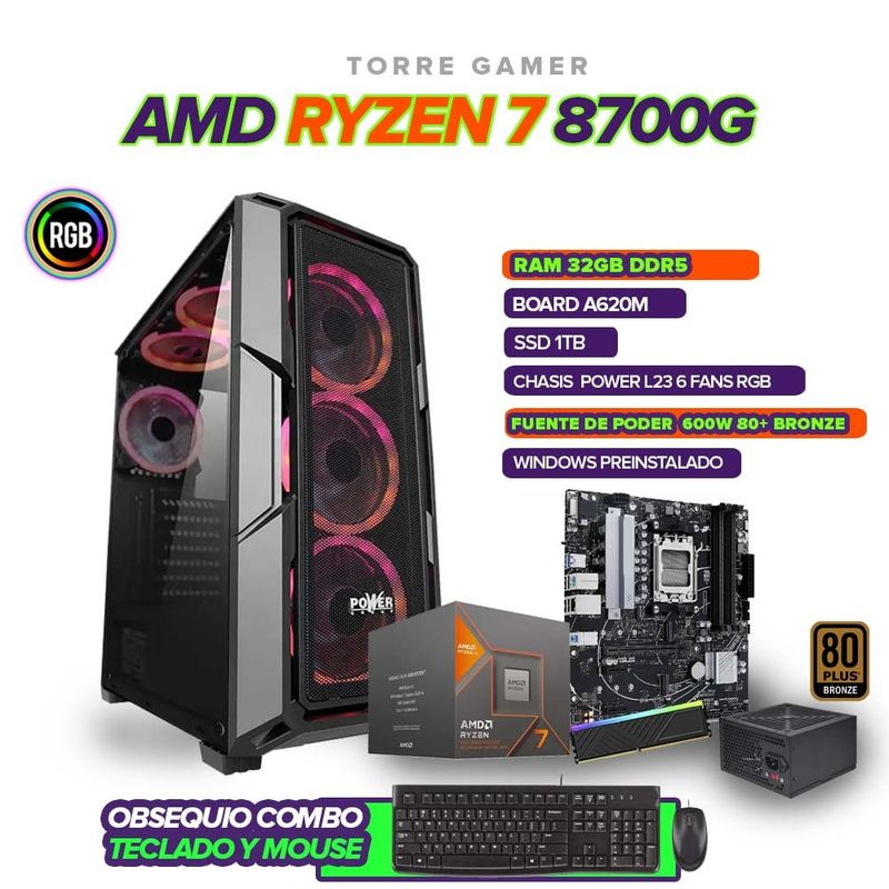 AMD - PC GAMER RYZEN 7 8700G / RAM 32GB / SSD 1TB / A620/ CHASIS 6FANS / 600W BRONCE