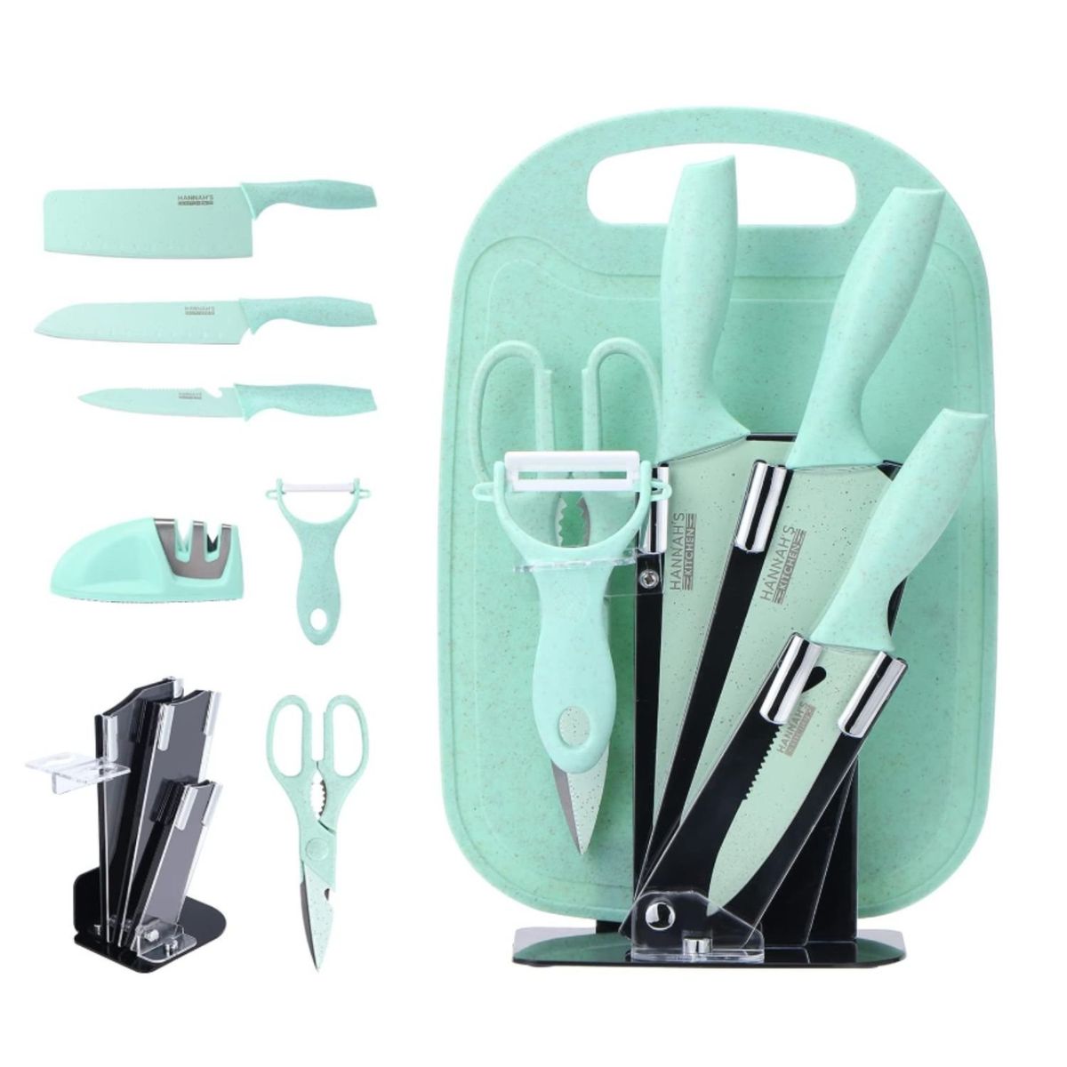 ONE PIXEL - Juego de Cuchillos de Acero Inoxidable con Pedestal Acrílico Verde