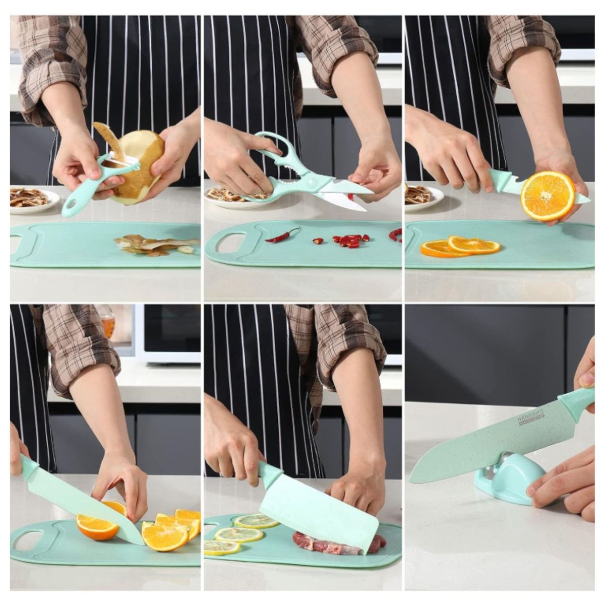 ONE PIXEL - Juego de Cuchillos de Acero Inoxidable con Pedestal Acrílico Verde