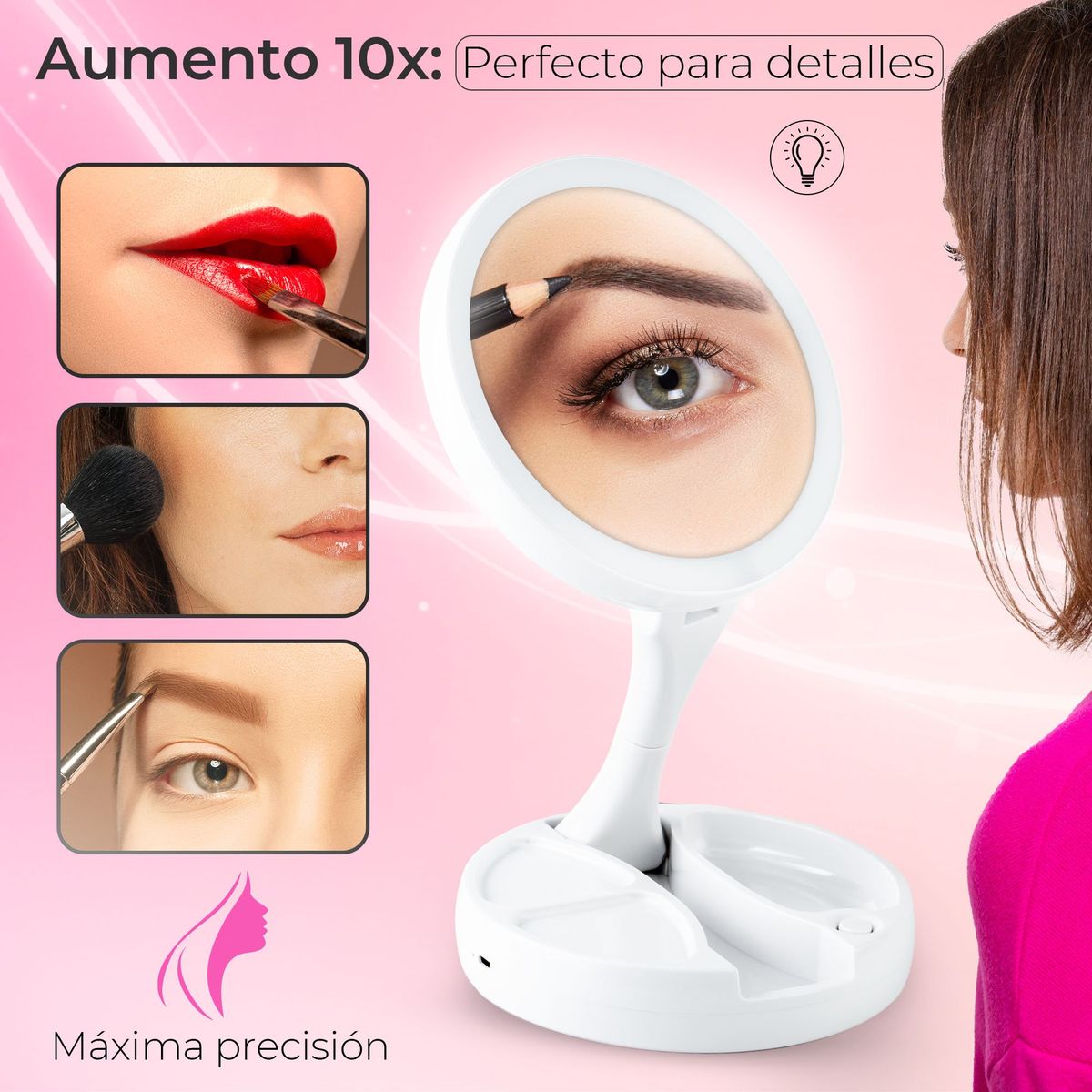 STYLE STARS - Espejo de Maquillaje LED Plegable Aumento 10x USB Portátil