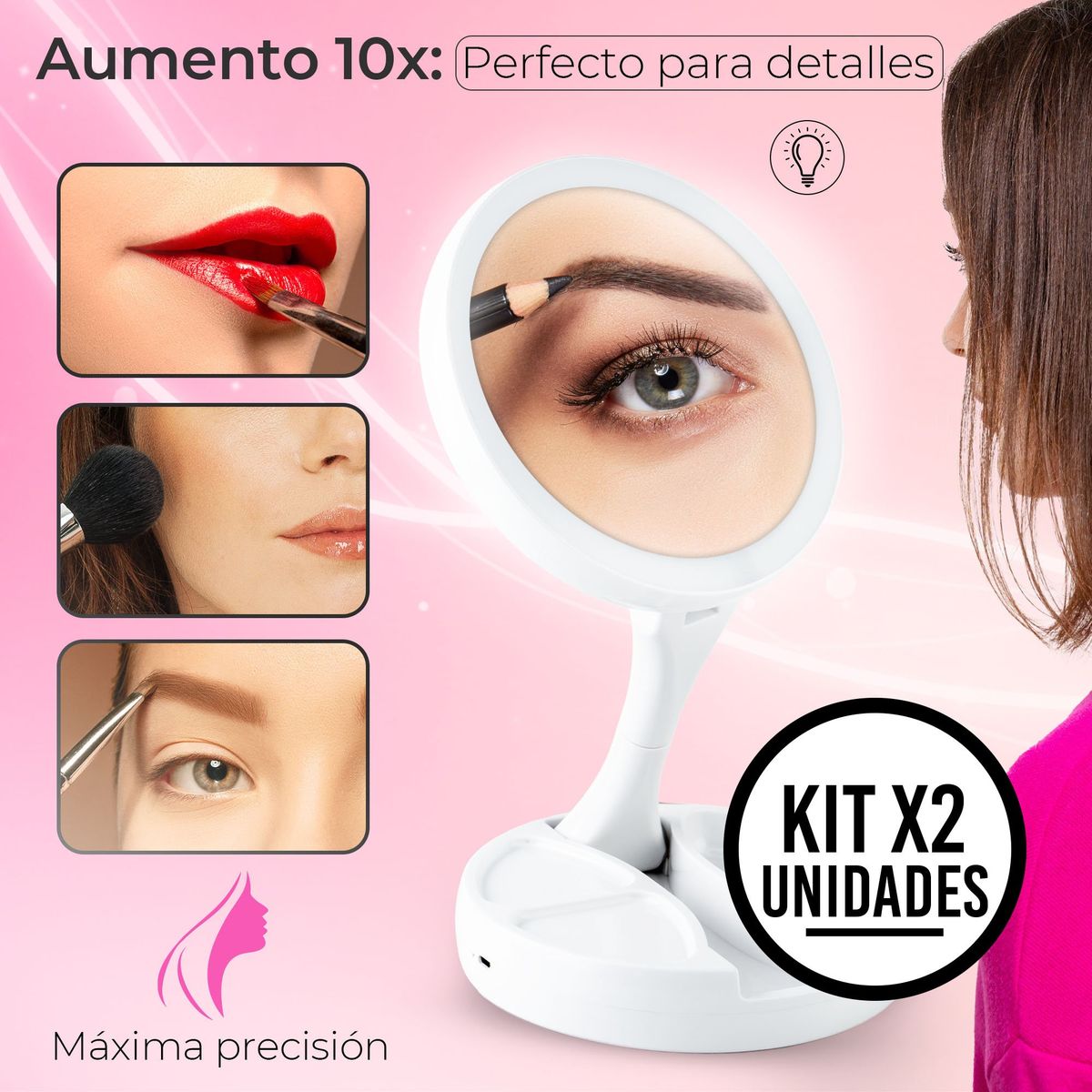 STYLE STARS - Set x2 Espejo de Maquillaje LED Plegable Aumento 10x y USB