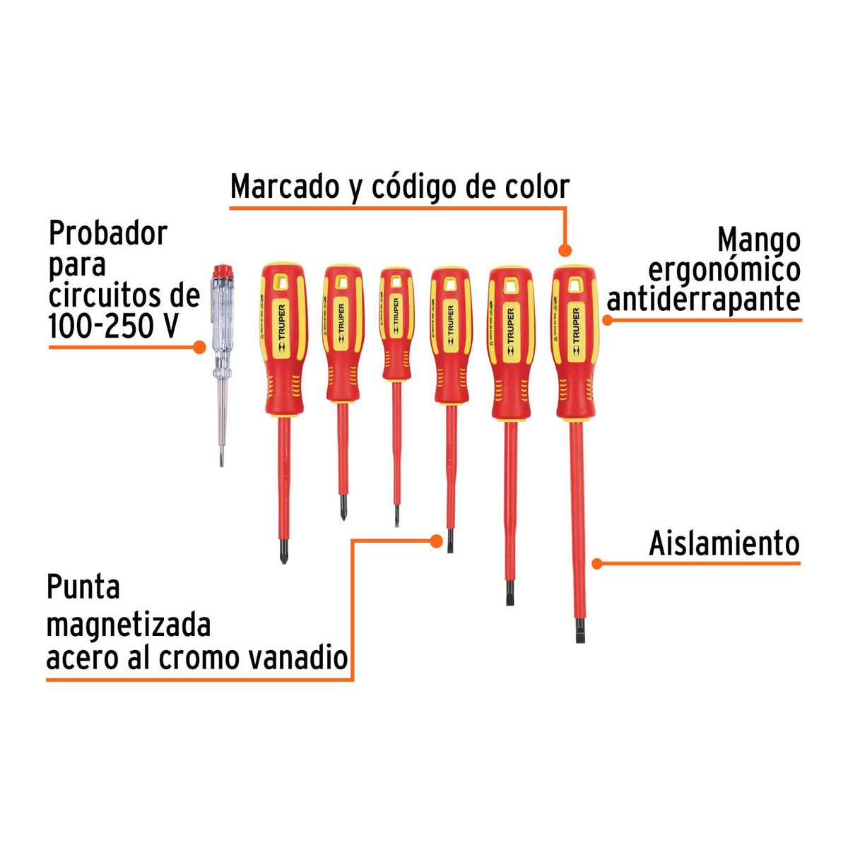 TRUPER - Juego de 6 destornilladores dieléctricos y 1 tester truper