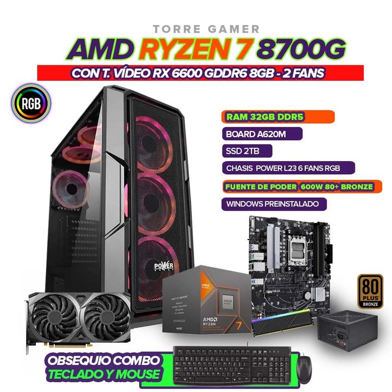 AMD - PC GAMER RYZEN 7 8700G / 6600 8GB/ RAM 32GB / SSD 2TB / CHASIS 6FAN /600W REAL