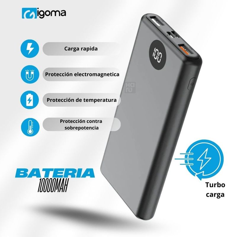 IGOMA - Bateria Portatil IGOMA De 10000mAh Turbo Carga - Negra