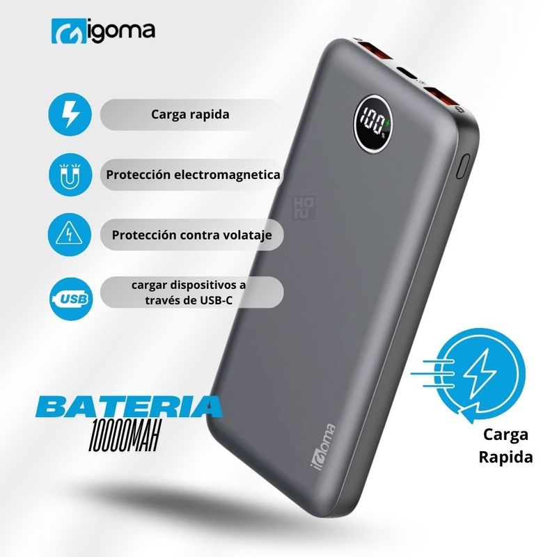 IGOMA - Bateria Portatil IGOMA De 10000mAh Carga Rapida - Negra