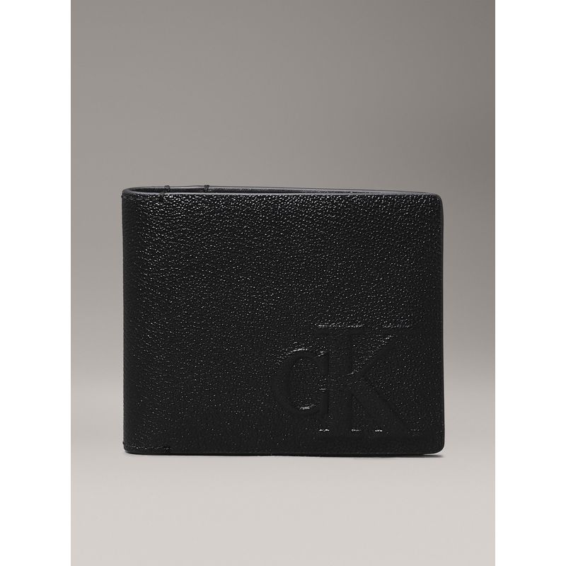 CALVIN KLEIN - Billetera negra de cuero con monograma en relieve Calvin Klein