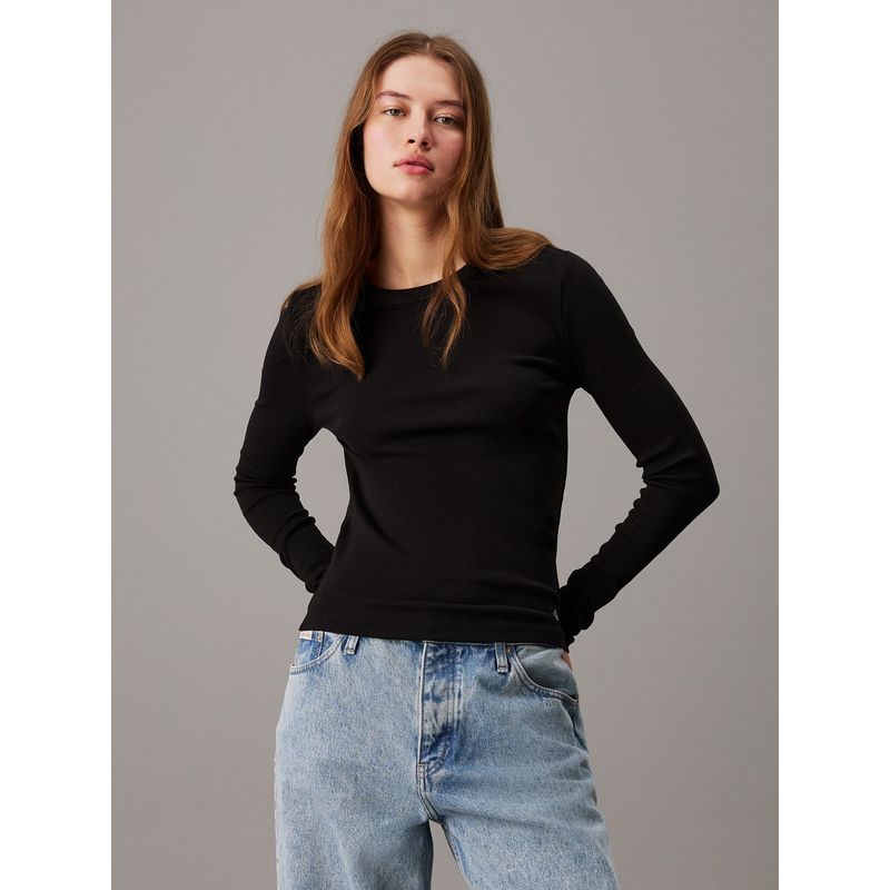 CALVIN KLEIN - Top negro de manga larga slim de canalé Calvin Klein