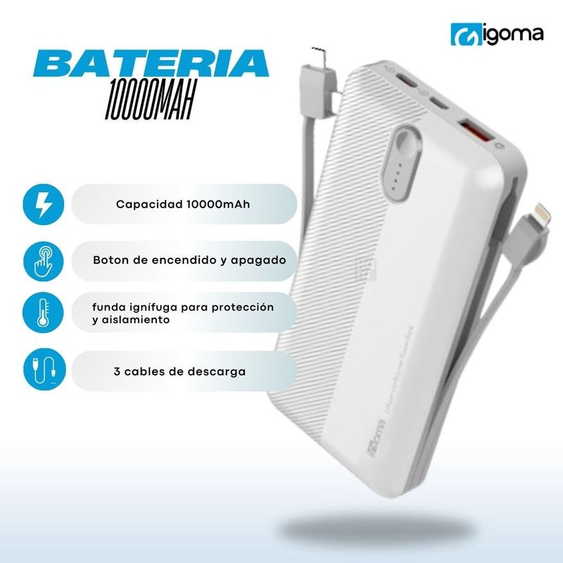 IGOMA - Bateria Portatil IGOMA De 10000mAh Con 3 Cables - Blanca
