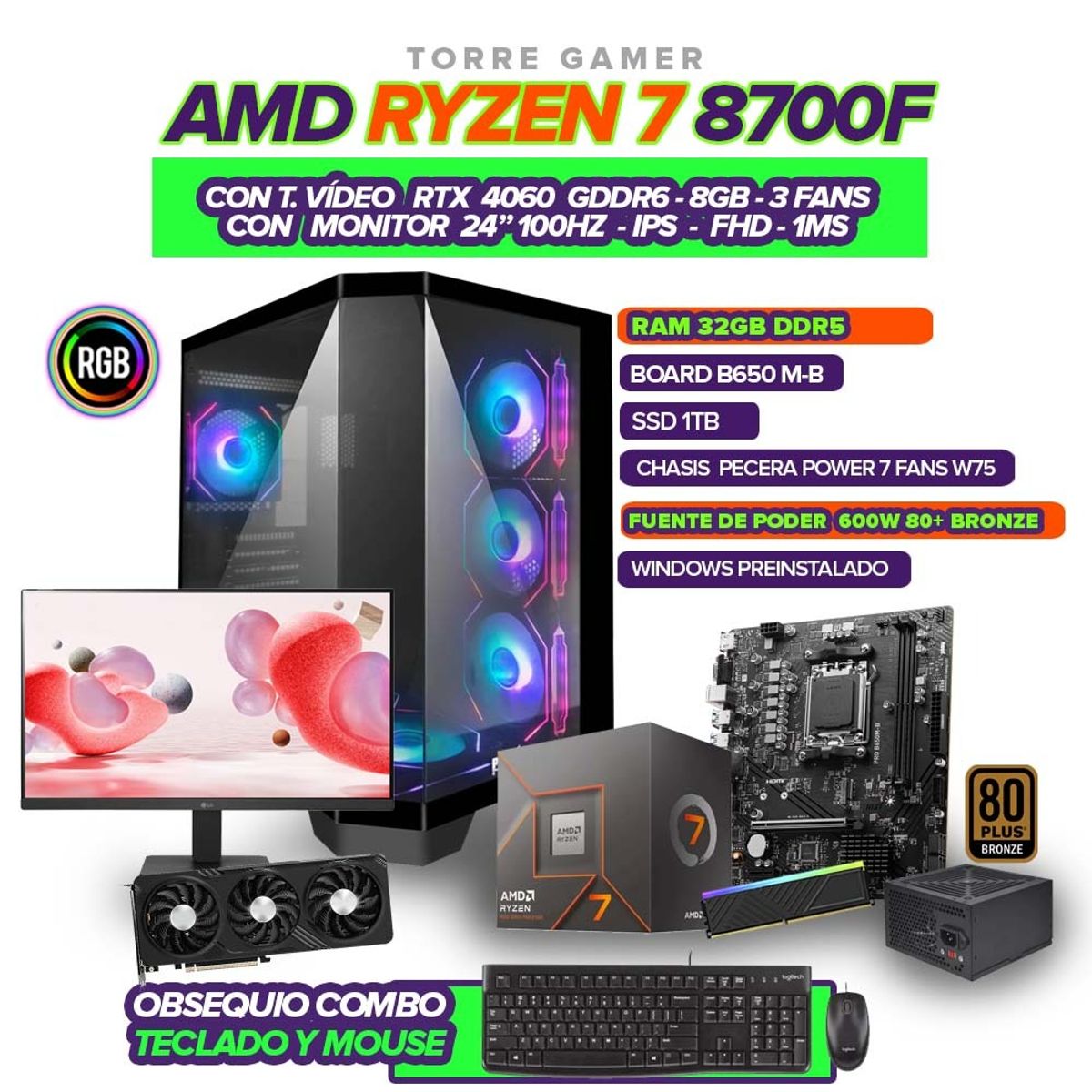 AMD - PC AMD RYZEN 7 8700F / B650 / RAM 32GB / 4060 8GB / SSD 1TB / MONITOR 24 100HZ
