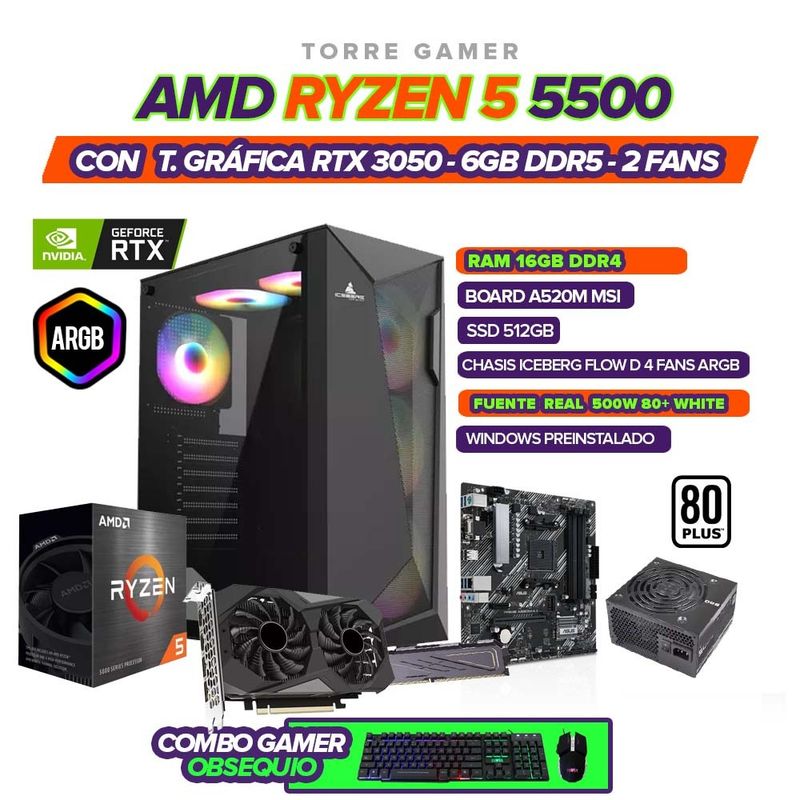 AMD - COMPUTADOR GAMER RYZEN 5 5500 / 3050 6GB / A520M / RAM 16GB / 512 SSD