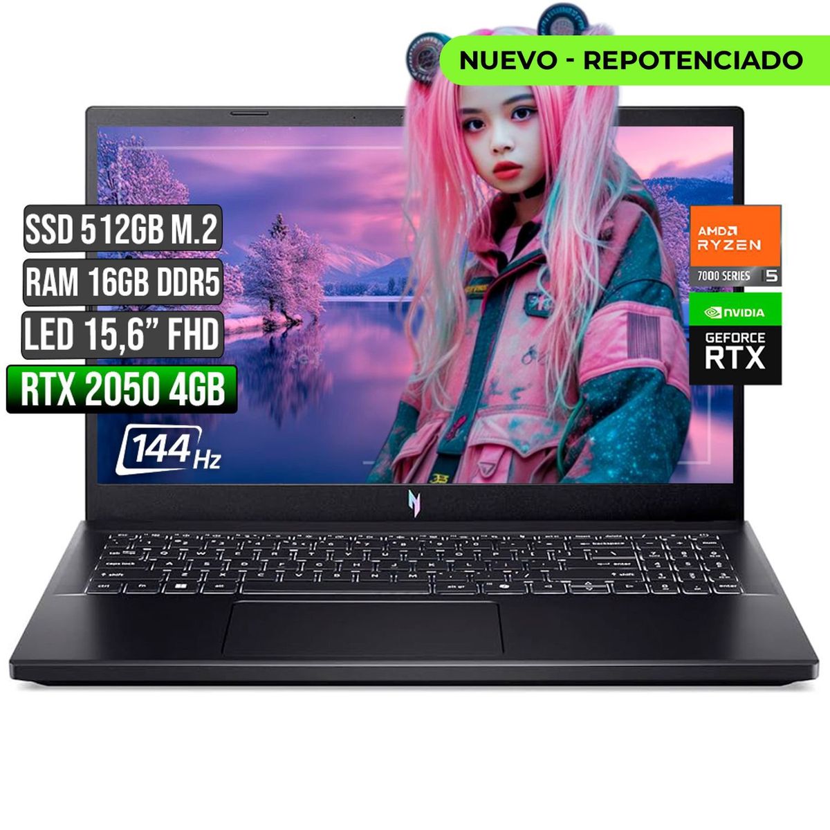 ACER - ACER NITRO AMD RYZEN 5-7535HS RTX 2050 4GB SSD 512GB RAM 16GB LED 15,6 FHD 144Hz