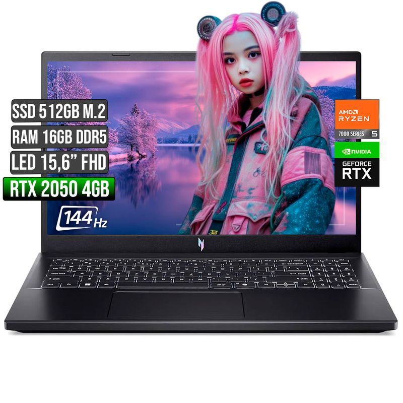 ACER - ACER NITRO AMD RYZEN 5-7535HS RTX 2050 4GB SSD 512GB RAM 16GB LED 15,6 FHD 144Hz
