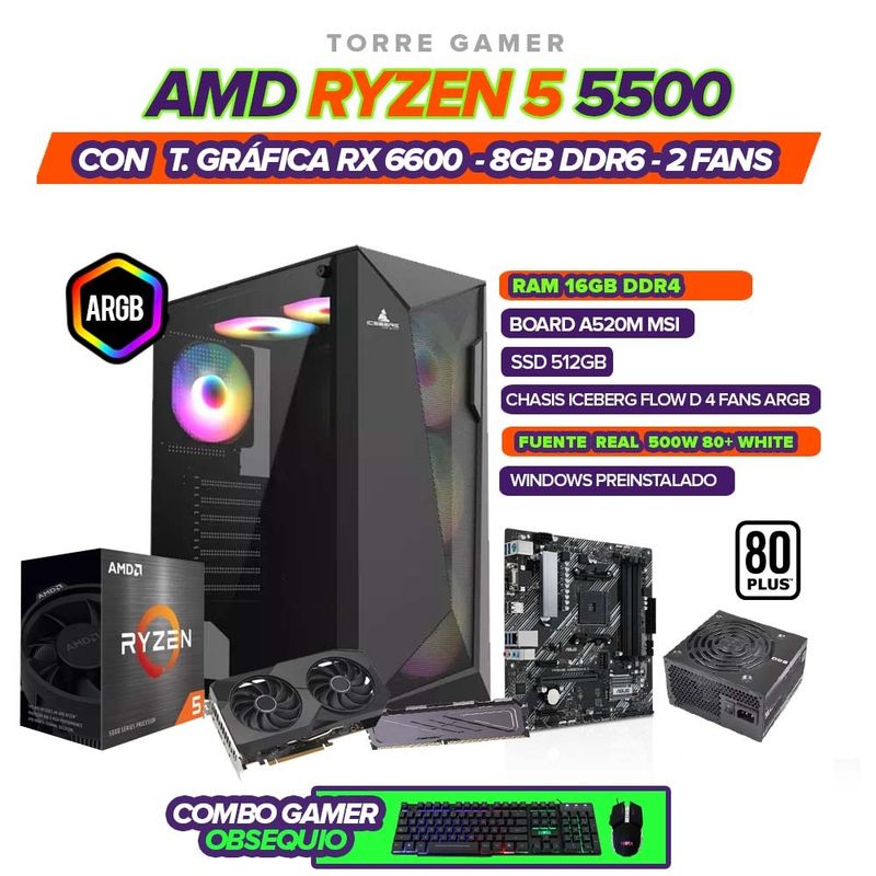 AMD - PC GAMER RYZEN 5 5500 / 6600 8GB / A520M / RAM 16GB / 512 SSD / 500W REAL