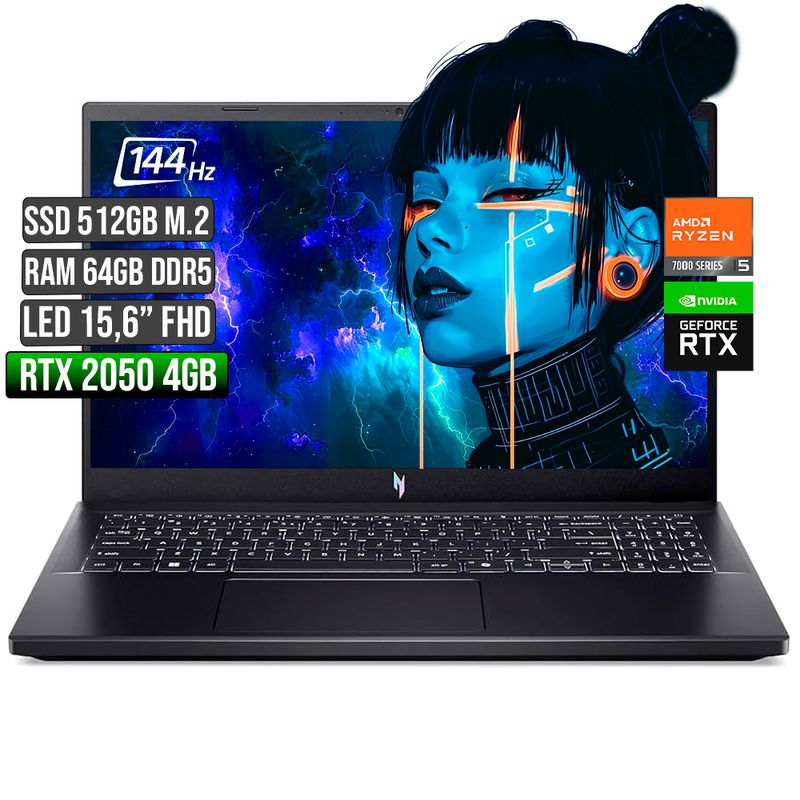 ACER - ACER NITRO AMD RYZEN 5-7535HS RTX 2050 4GB SSD 512GB RAM 64GB LED 15,6 FHD 144Hz