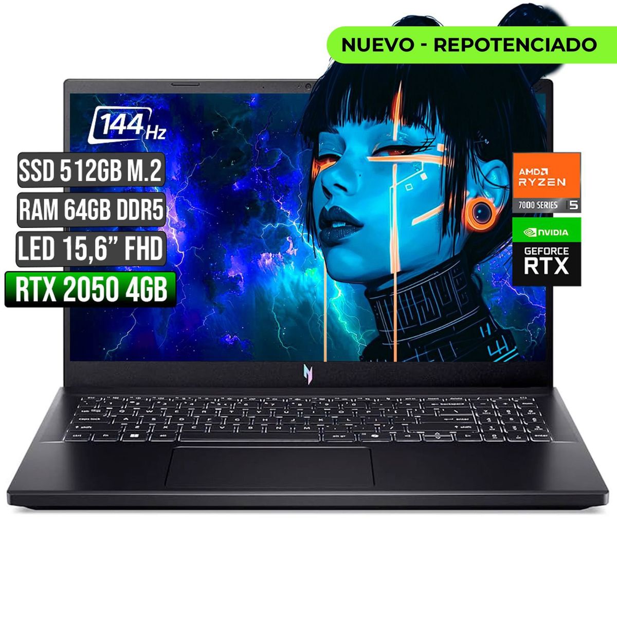 ACER - ACER NITRO AMD RYZEN 5-7535HS RTX 2050 4GB SSD 512GB RAM 64GB LED 15,6 FHD 144Hz