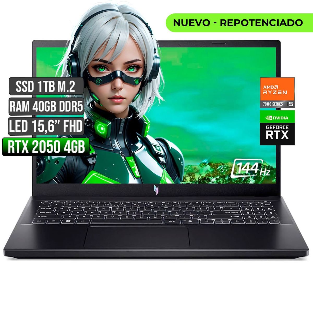 ACER - Computador Gamer Acer Nitro Ryzen 5 RTX 2050 4GB SSD 1TB 40GB 144Hz