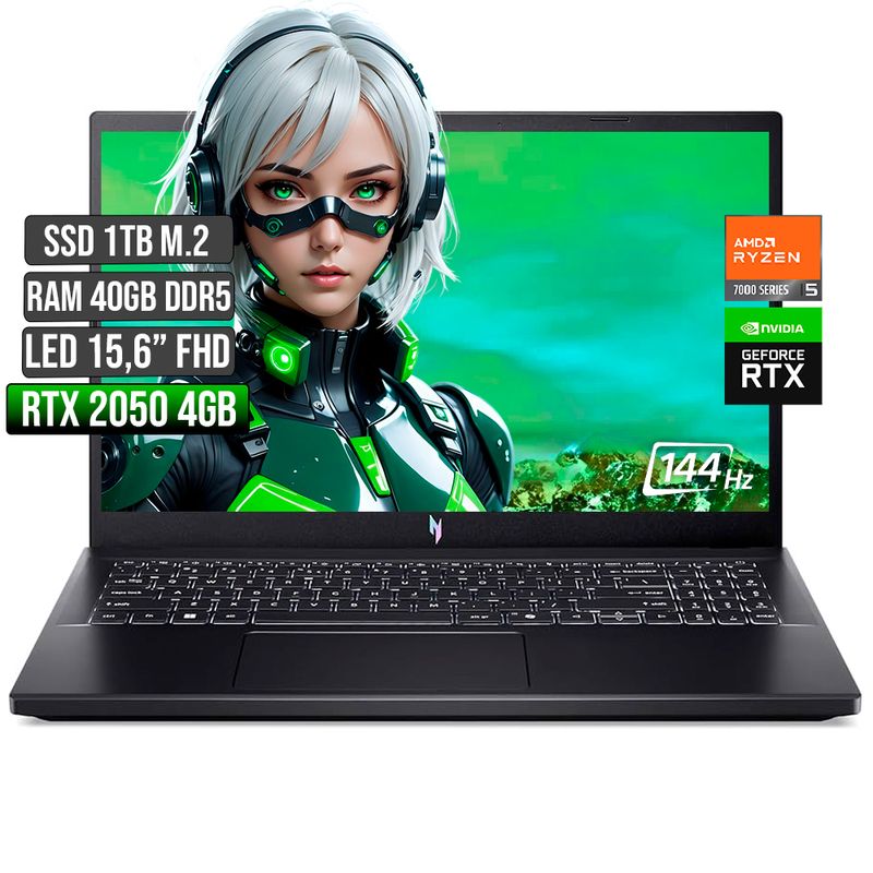 ACER - ACER NITRO AMD RYZEN 5-7535HS RTX 2050 4GB SSD 1TB RAM 40GB LED 15,6 FHD 144Hz