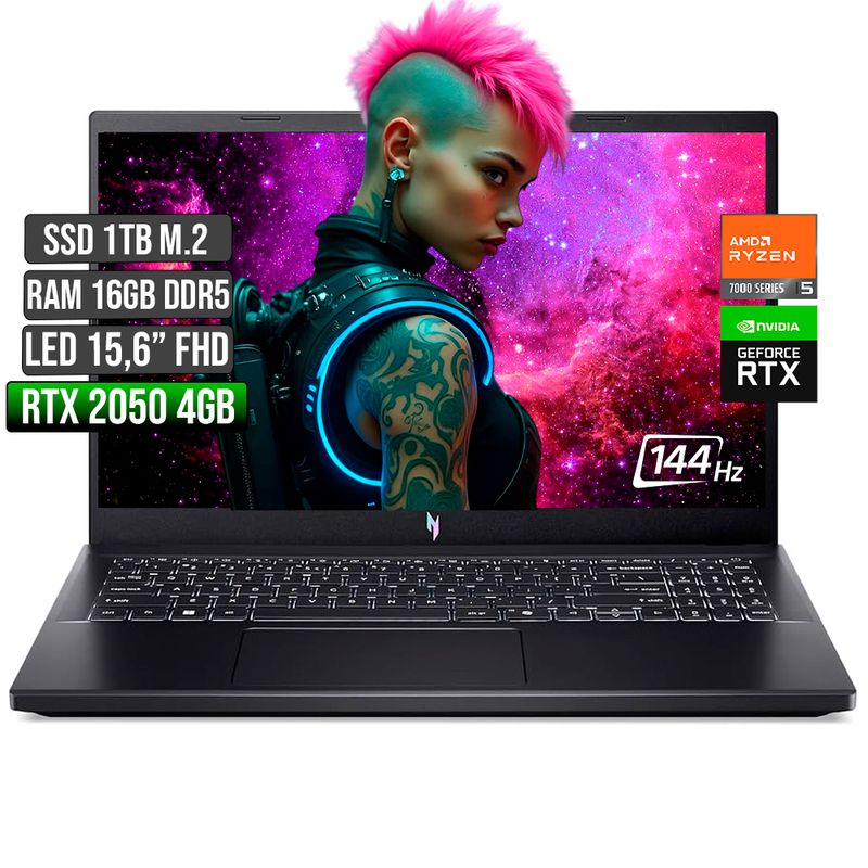 ACER - ACER NITRO AMD RYZEN 5-7535HS RTX 2050 4GB SSD 1TB RAM 16GB LED 15,6 FHD 144Hz