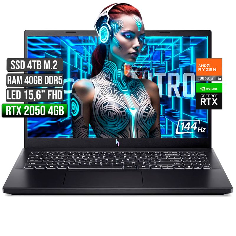 ACER - ACER NITRO AMD RYZEN 5-7535HS RTX 2050 4GB SSD 4TB RAM 40GB LED 15,6 FHD 144Hz