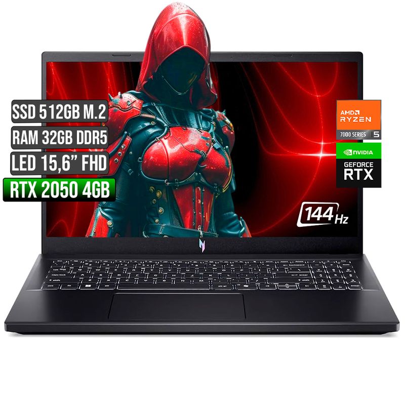 ACER - ACER NITRO AMD RYZEN 5-7535HS RTX 2050 4GB SSD 512GB RAM 32GB LED 15,6 FHD 144Hz