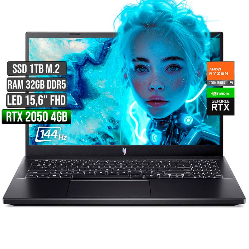 ACER - ACER NITRO AMD RYZEN 5-7535HS RTX 2050 4GB SSD 1TB RAM 32GB LED 15,6 FHD 144Hz