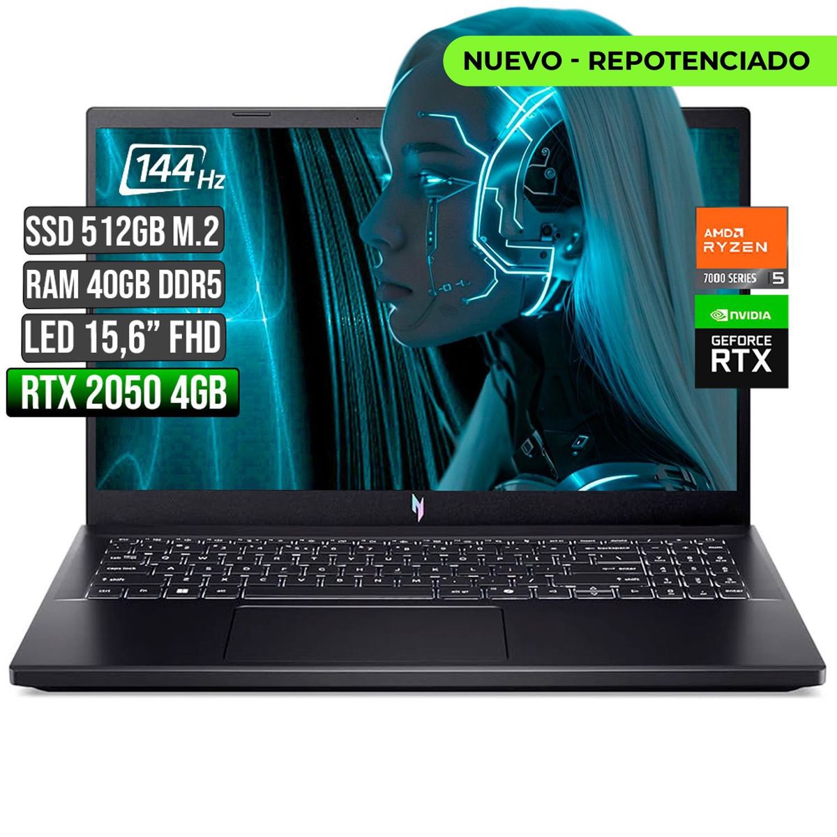 ACER - Portátil Gamer Acer Nitro V 15 Ryzen 5 RTX 2050 40GB 512GB 144Hz