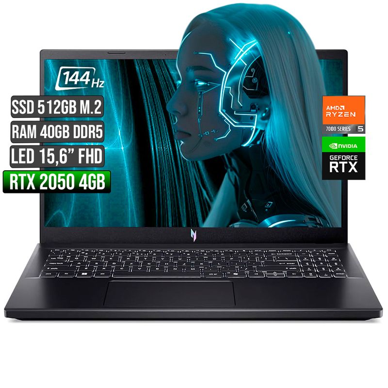 ACER - Portátil Gamer Acer Nitro V 15 Ryzen 5 RTX 2050 40GB 512GB 144Hz