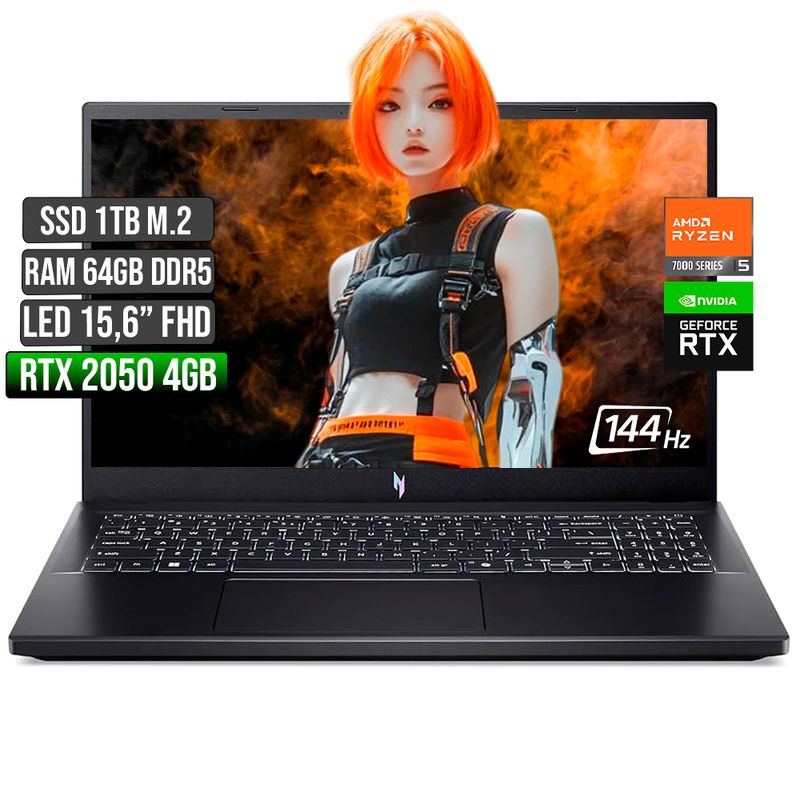 ACER - ACER NITRO AMD RYZEN 5-7535HS RTX 2050 4GB SSD 1TB RAM 64GB LED 15,6 FHD 144Hz