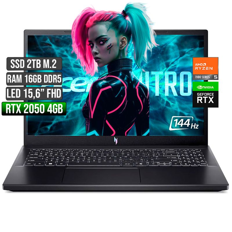 ACER - ACER NITRO AMD RYZEN 5-7535HS RTX 2050 4GB SSD 2TB RAM 16GB LED 15,6 FHD 144Hz