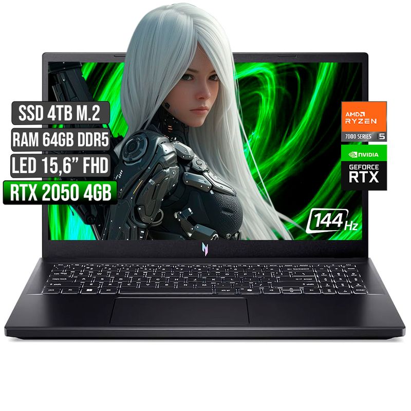 ACER - ACER NITRO AMD RYZEN 5-7535HS RTX 2050 4GB SSD 4TB RAM 64GB LED 15,6 FHD 144Hz